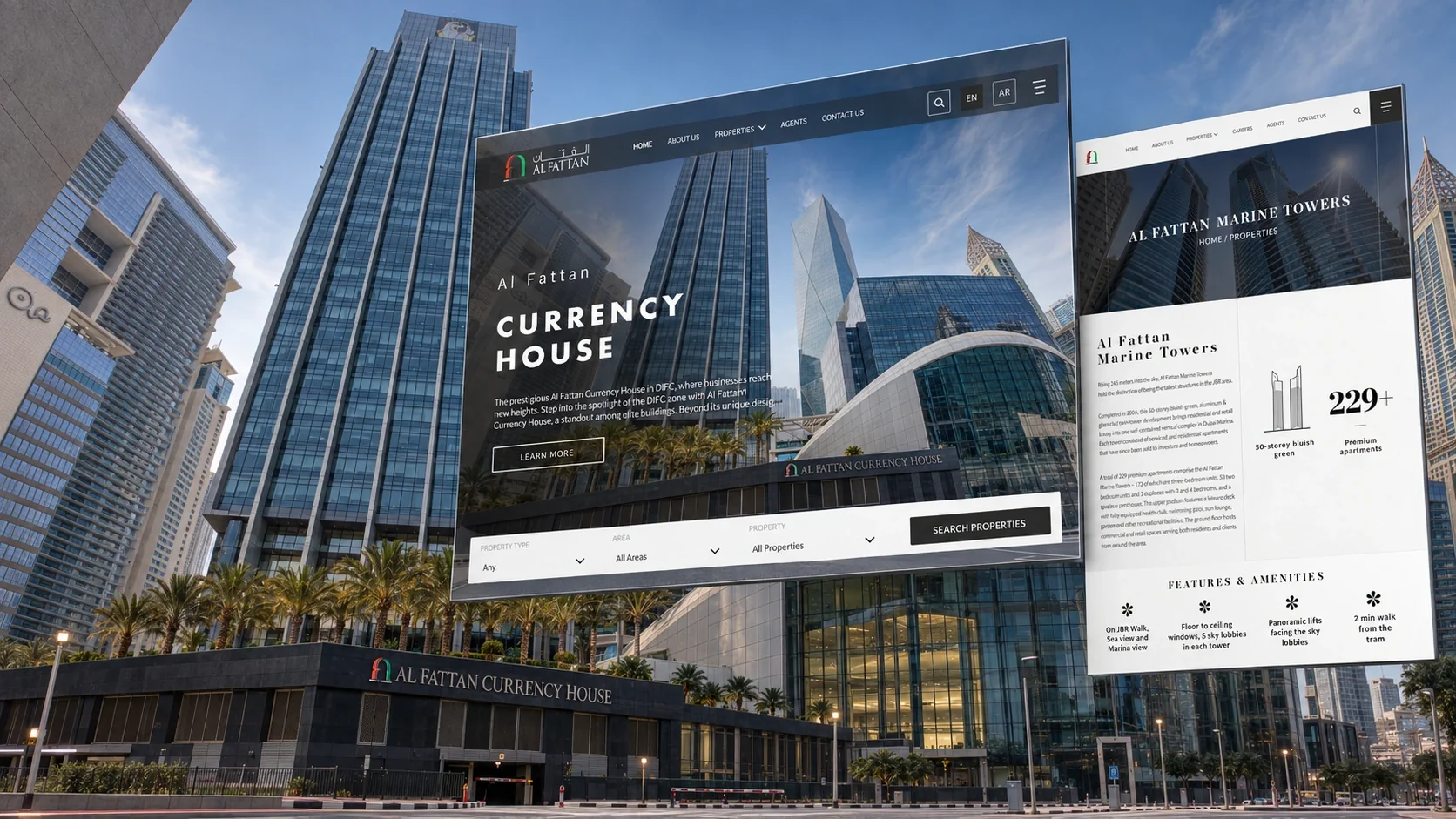 Al Fattan Properties desktop and mobile website screens with Currency House architecture