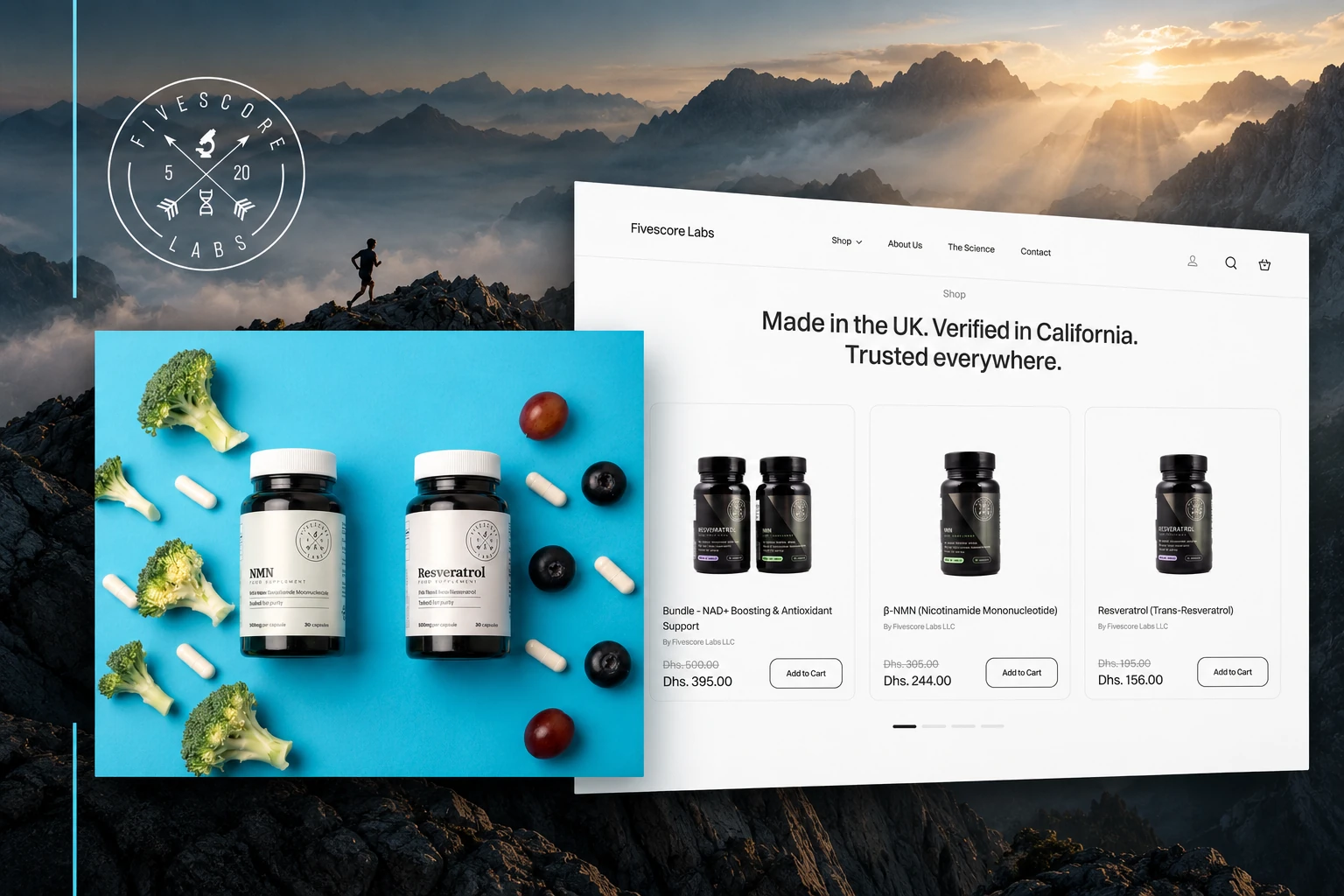 FiveScore Labs storefront, supplement products and mountain landscape.